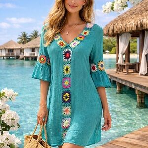 Teal Bohemian Crochet Dress